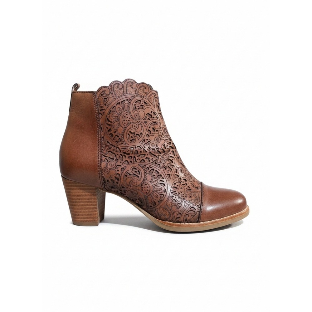 Brighton Glory Leather Laser Cut Western Boho Ankle Boots Brown 6.5